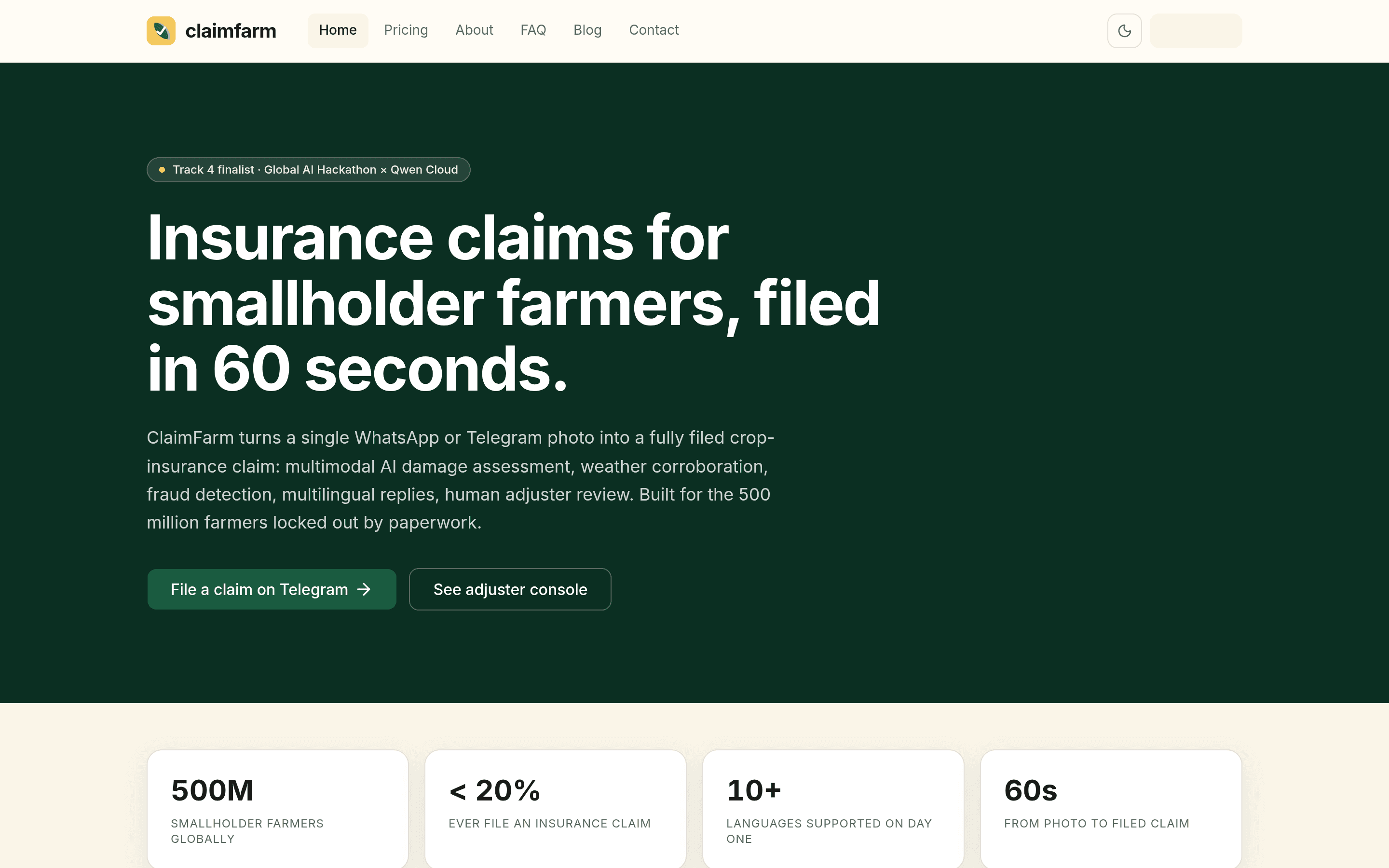 ClaimFarm landing page — insurance claims filed in 60 seconds